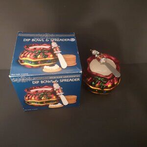 New Boston Warehouse Heirloom Ceramic Dip Bowl & Spreader 14oz Red, Green & Gold